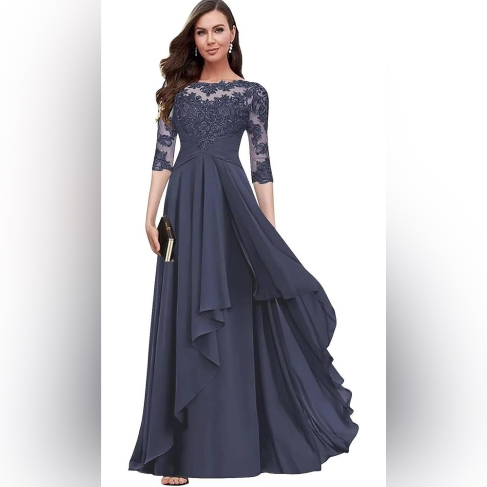 Elegant Stormy Gray Lace Evening Gown